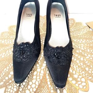 Vintage Impo Black Satin Pointed Toe Beaded Floral Lace Evening Pumps kitt Heels